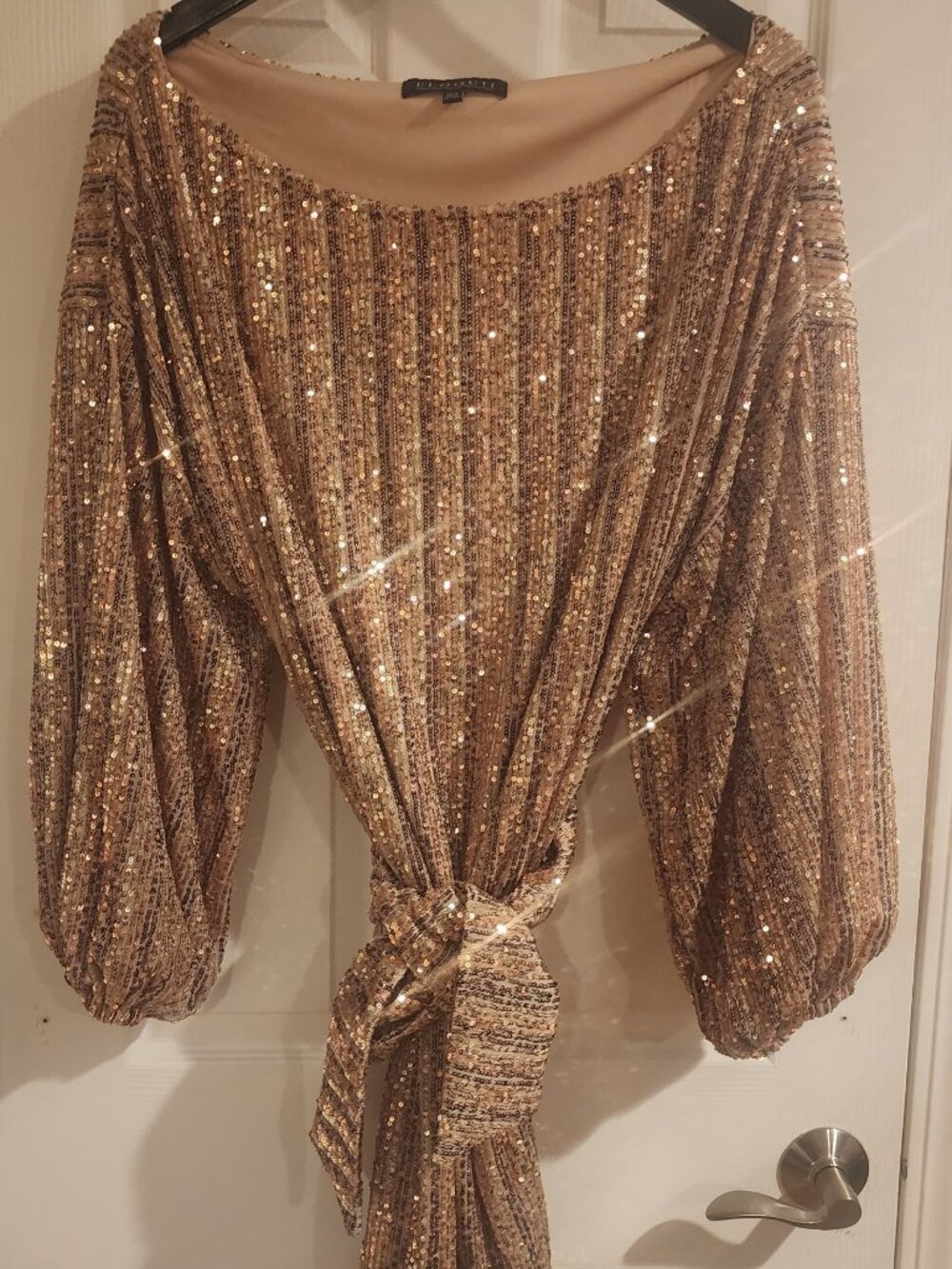 ELOQUII PEACH AND COPPER SEQUIN BELTED MINI DRESS